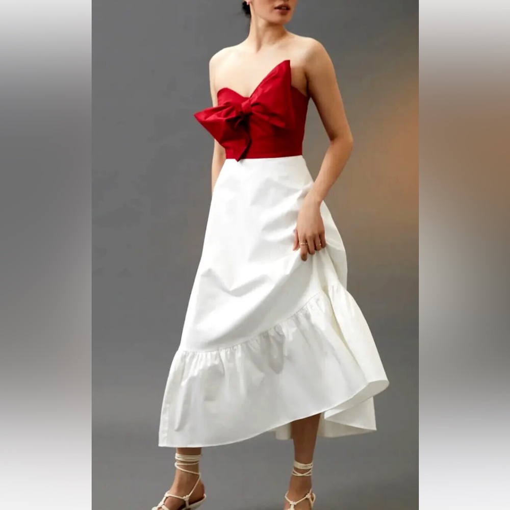 Anthropologie Hutch Bow-Tie Maxi Dress 2 Red White strapless pockets